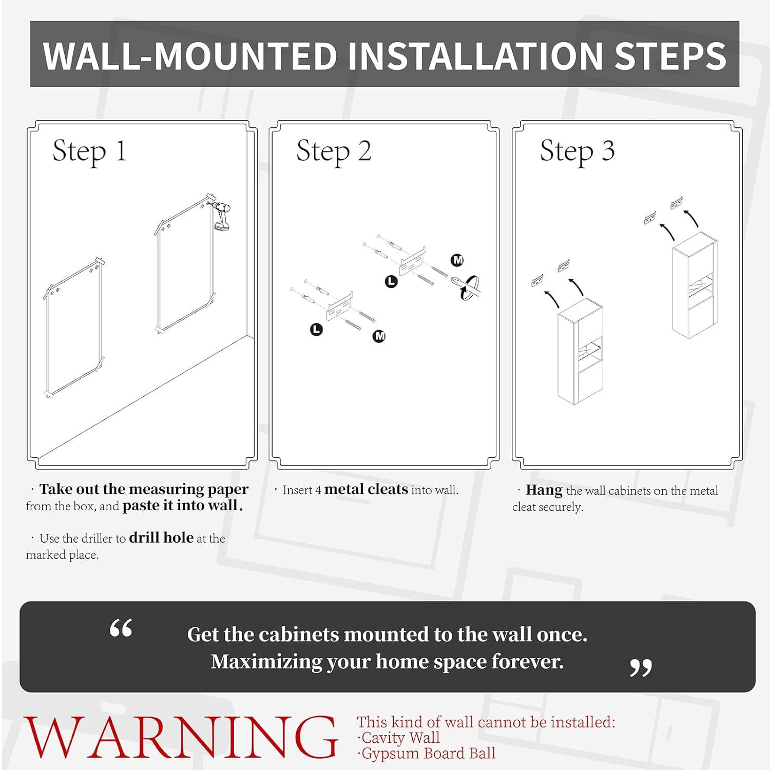 VanAcc Modern Wall Storage Cabinets with LED Lights, Hanging Cabinets with Closed Doors & Open Shelves, Black