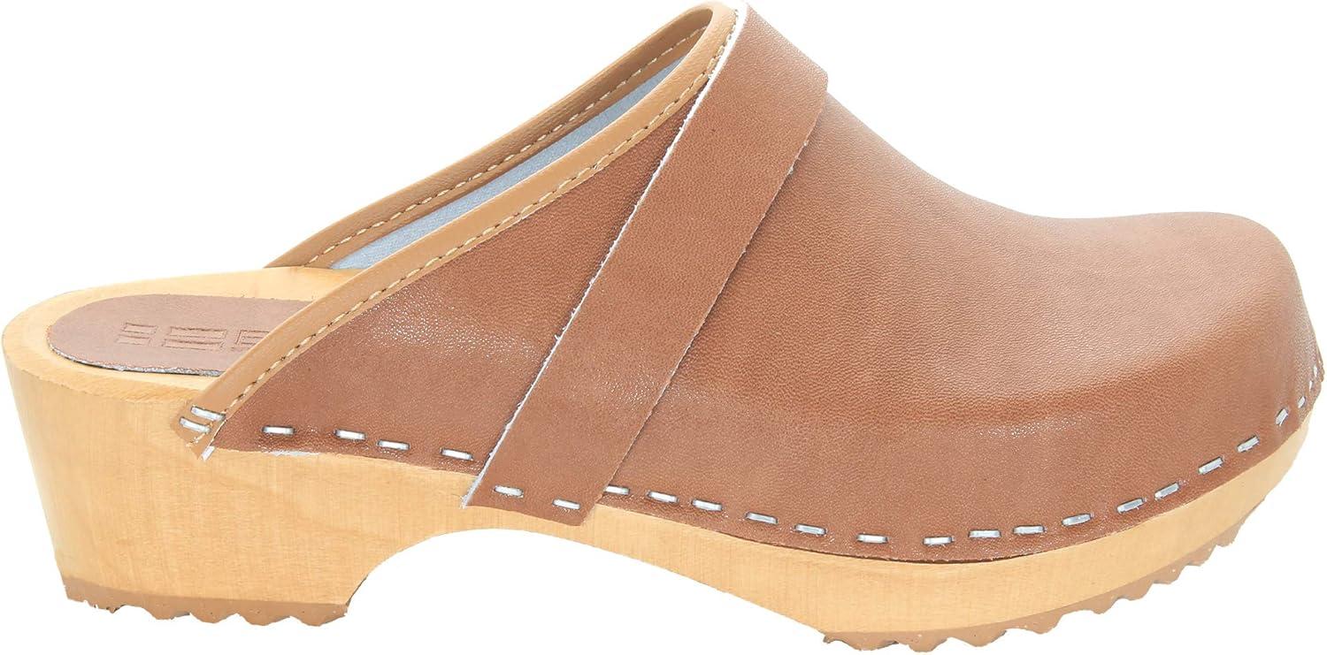 Brown Genuine Leather Open Back Clogs with Wood Sole