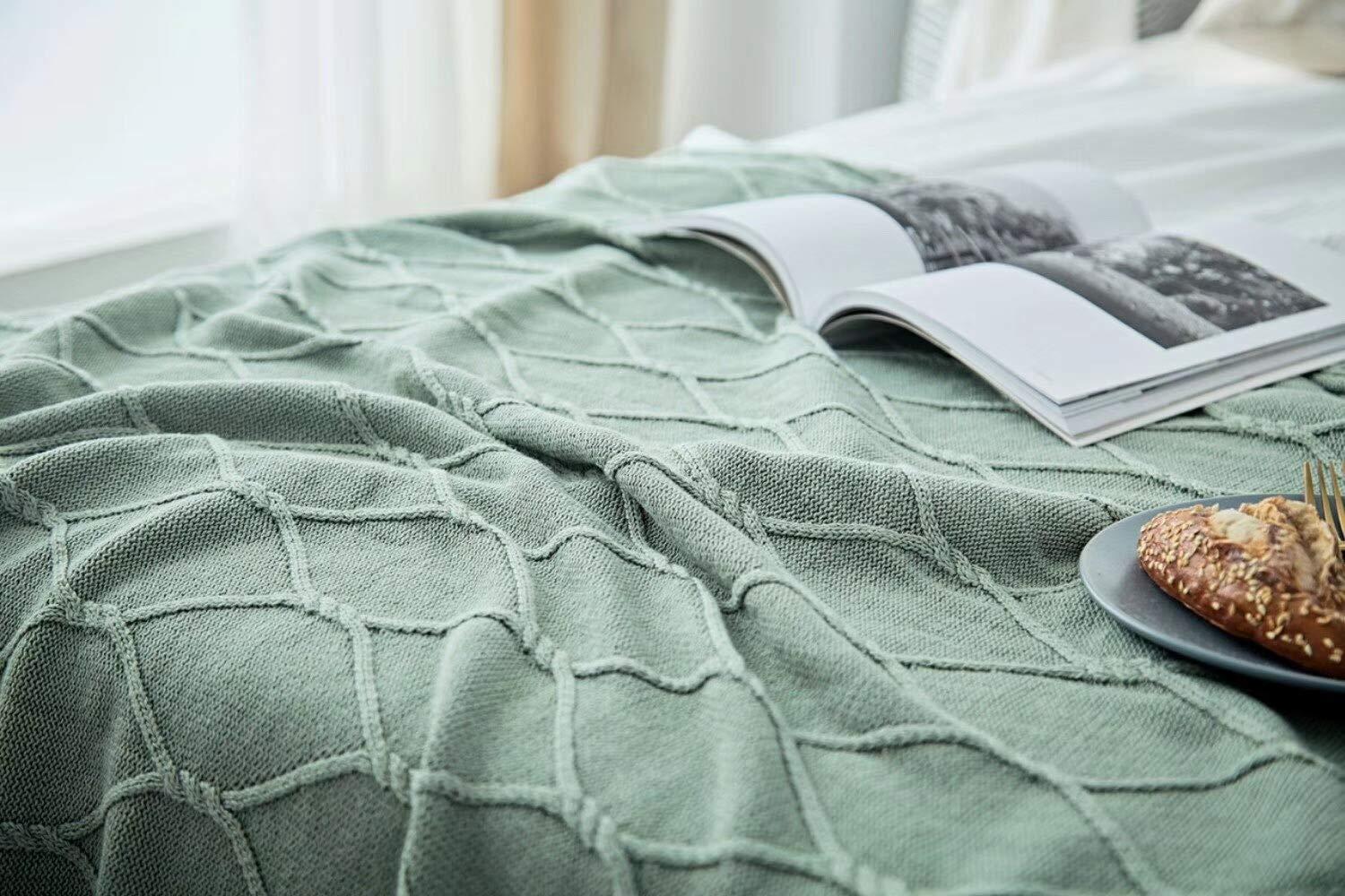 Sage Green Cotton Cable Knit Weighted Throw Blanket