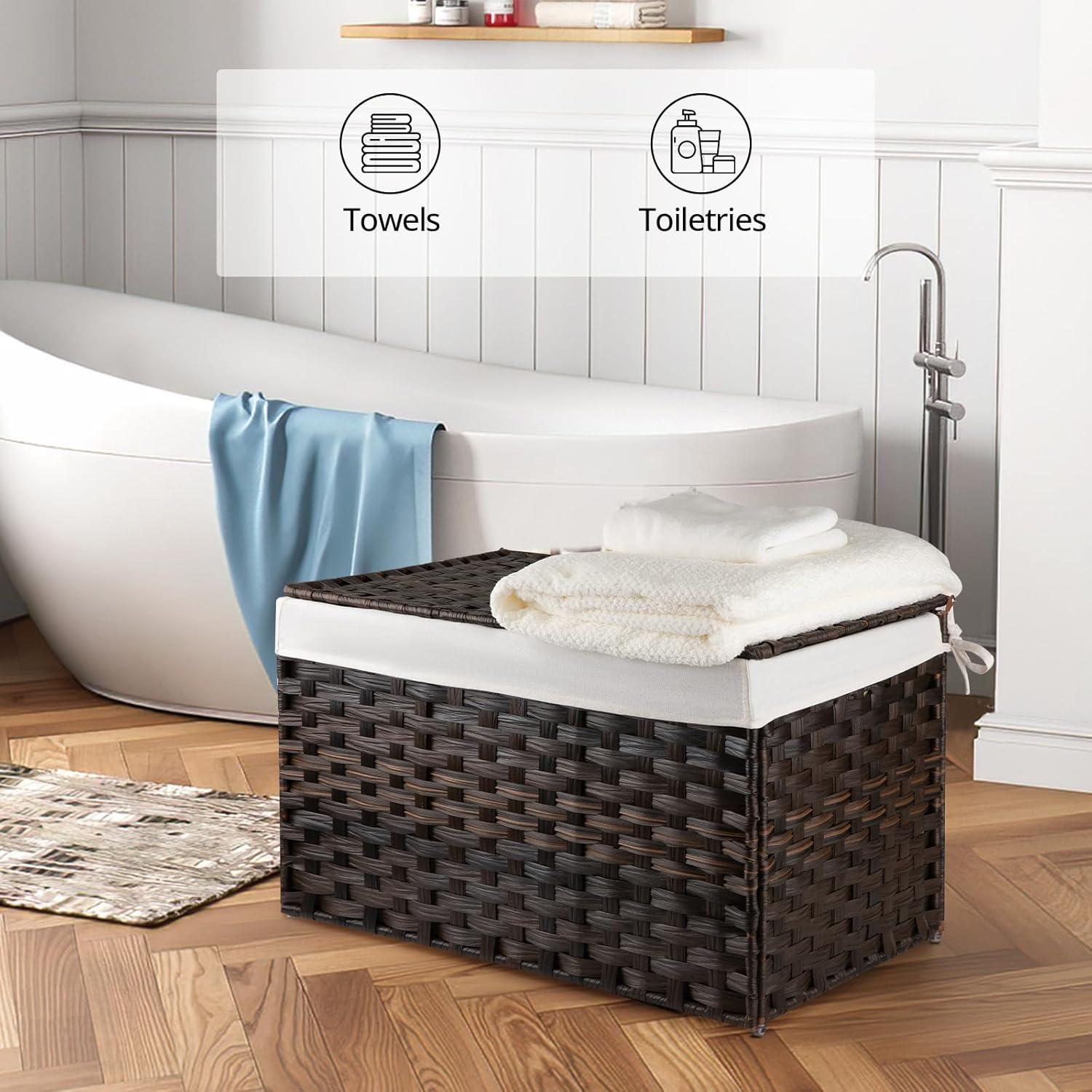 SONGMICS Storage Basket with Lid, 27.7 Gallon (105L) Storage Bin, Woven Blanket Storage Basket with Handles, Foldable, Removable Liner Brown