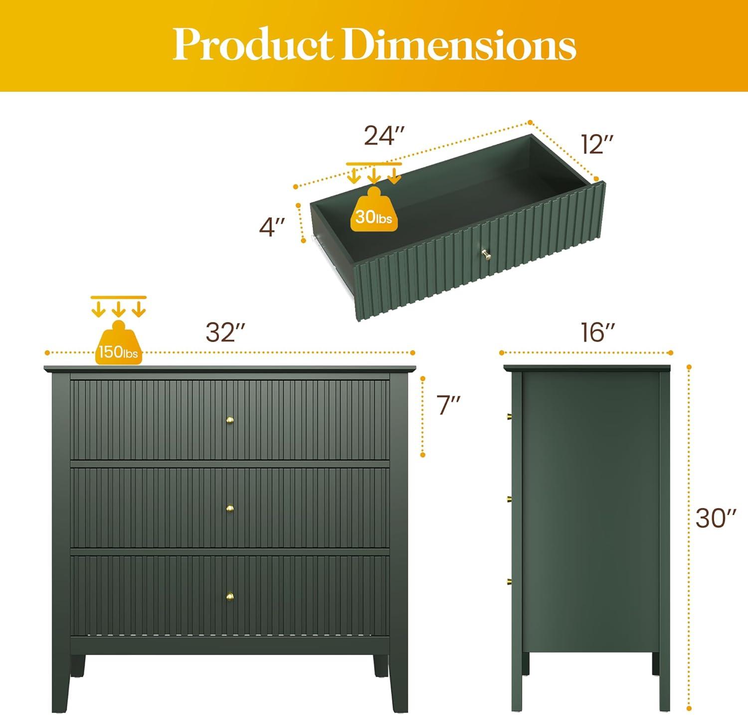 CozyHome Green 3 Drawer Dresser, Painted 30 Inch Tall Wood Nightstand with Storage, Wide Modern Chest of Drawers with Ball Bearing Slide for Bedroom Hallway Living Room Entryway Office