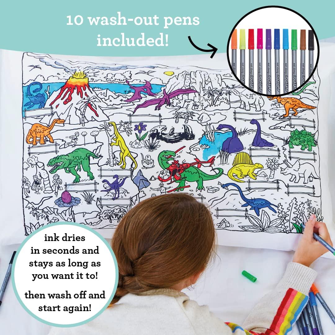 eatsleepdoodle Coloring Cotton Pillowcase with Washable Markers - Dinosaur Color in Activity Craft Kit for Boys and Girls Age 3+