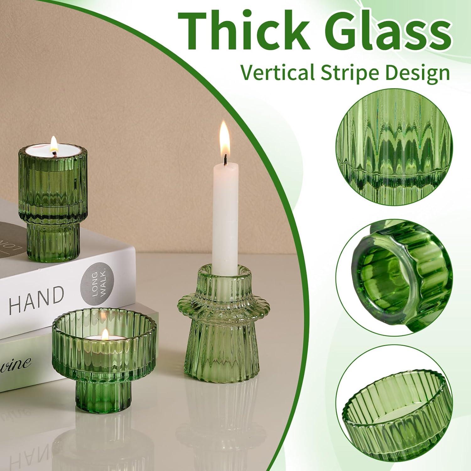 Taper Glass Candlestick Holders Tealight Candle Holders for Table Centerpieces, Wedding Decor and Dinner Party (6 Pcs, Green)