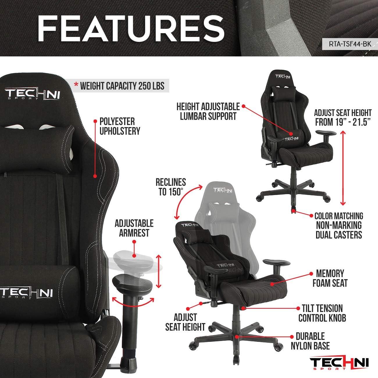 Techni Sport Techni Sport Adjustable Reclining Ergonomic Swiveling PC & Racing Game Chair in Black