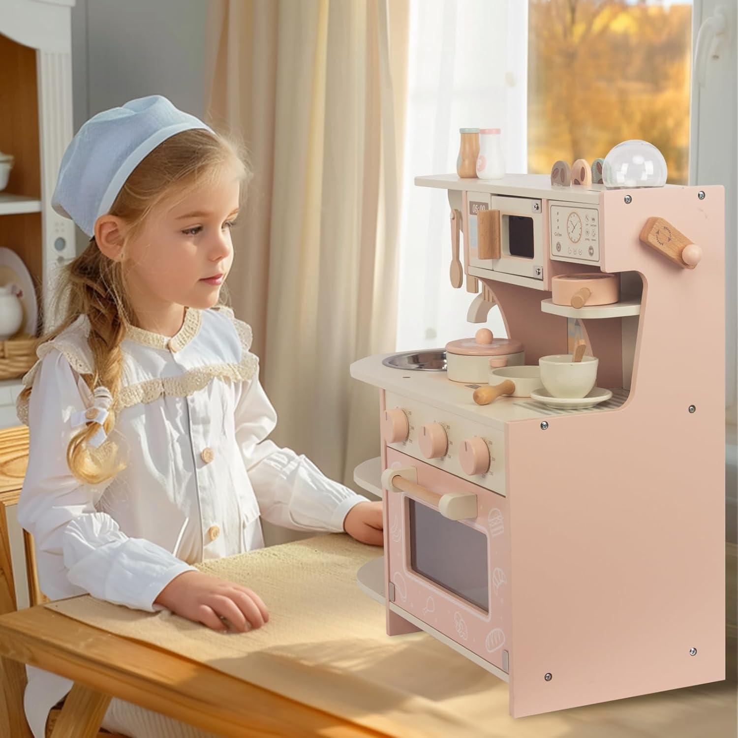 ROBOTIME Wooden Play Kitchen with Realistic Accessories for Kids Toddlers Girls & Boys Modern Style Cooking Toy Pink Kitchen