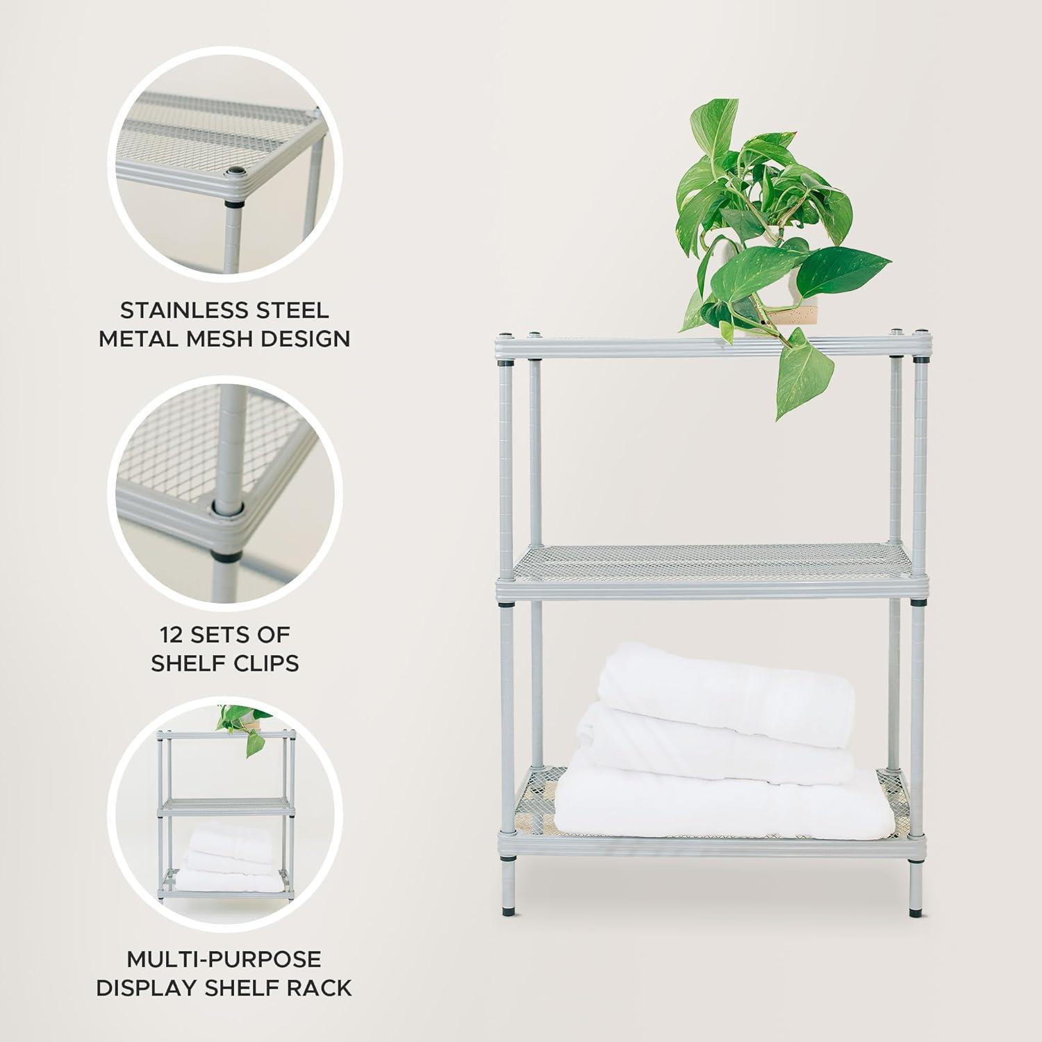 Design Ideas MeshWorks 3 Tier Full-Size Metal Storage Shelving Unit Rack for Kitchen, Office, and Garage Organization, 23.6” x 13.8” x 31.5,” Silver