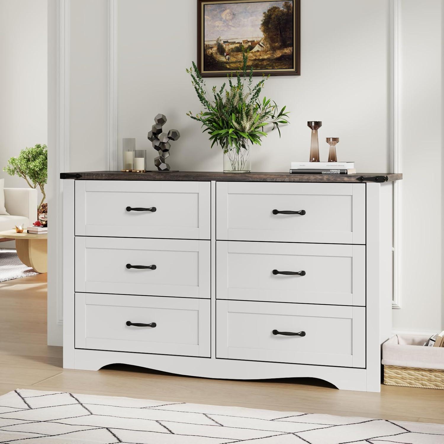 Coulten 6 Drawer 46.4" W Farmhouse 6 Drawers Double Dresser for Bedroom, Modern White Dresser Chest of Drawers, Wide Dressers Organizer, Accent Storage Cabinet for Closet, Living Room, Hallway