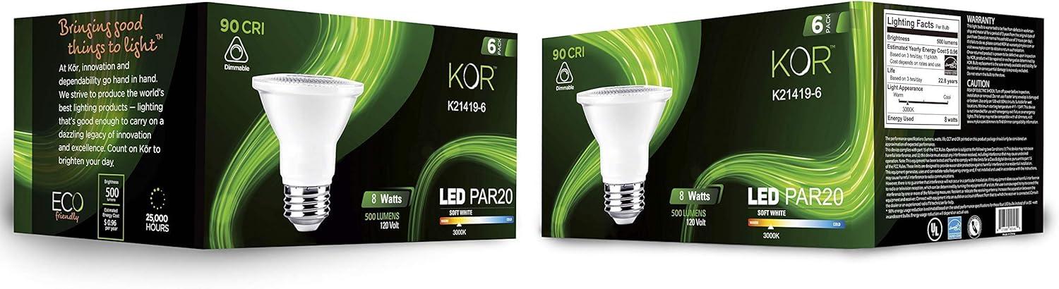 KOR 6-Pack White Dimmable LED PAR20 Flood Light Bulbs