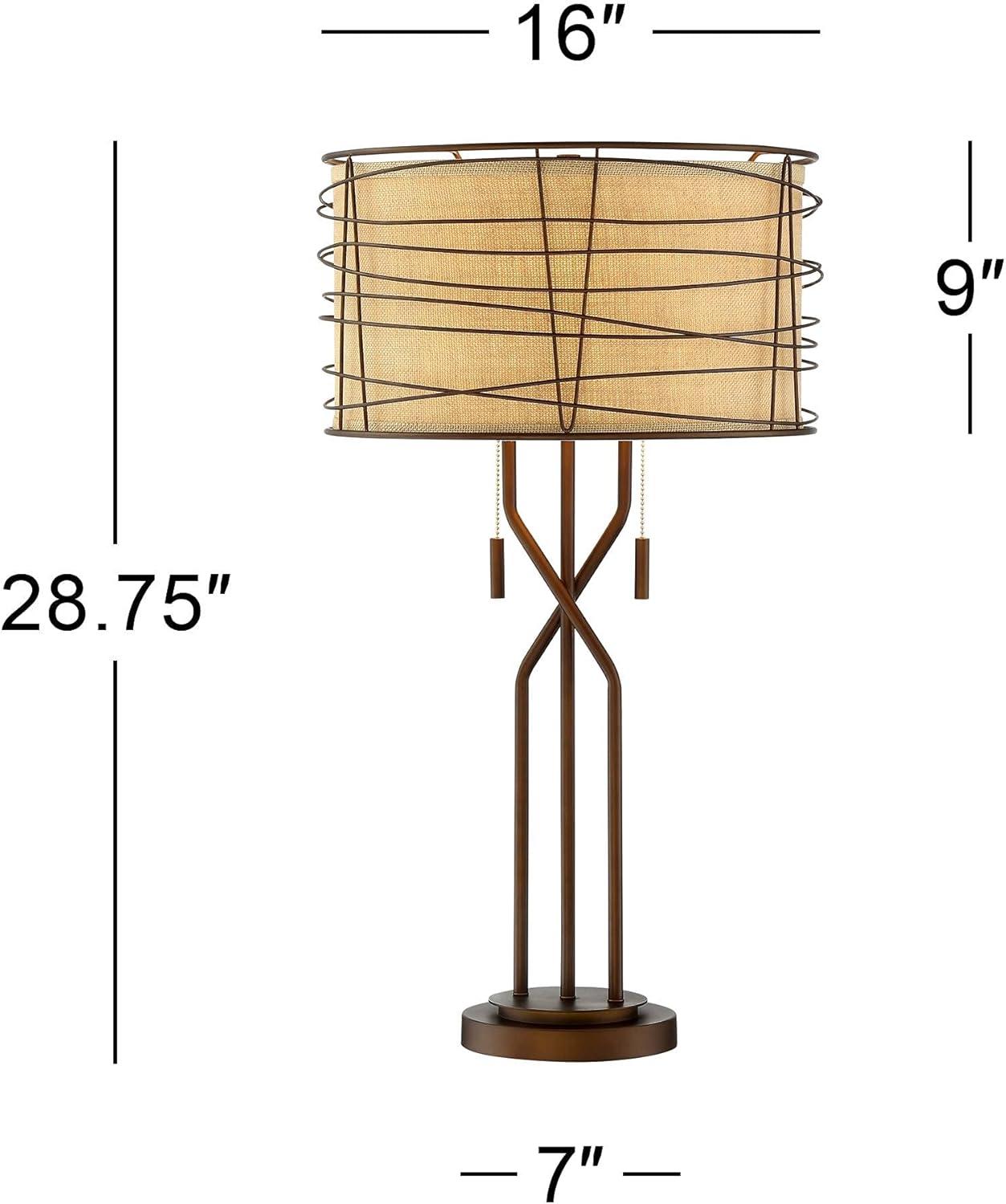 Franklin Iron Works Marlowe 28 3/4" Tall Rustic Modern End Table Lamp Pull Chain Brown Bronze Finish Metal Single Woven Shade Living Room Bedroom