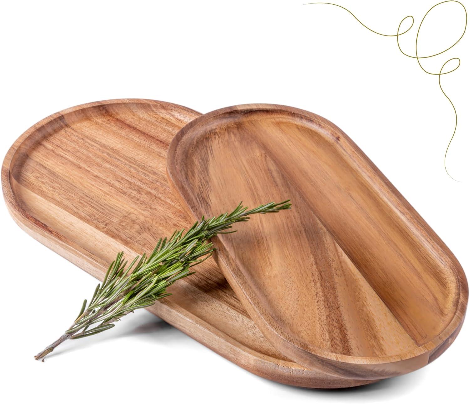 Handcrafted Acacia Wood Rectangular and Oval Serving Trays Set