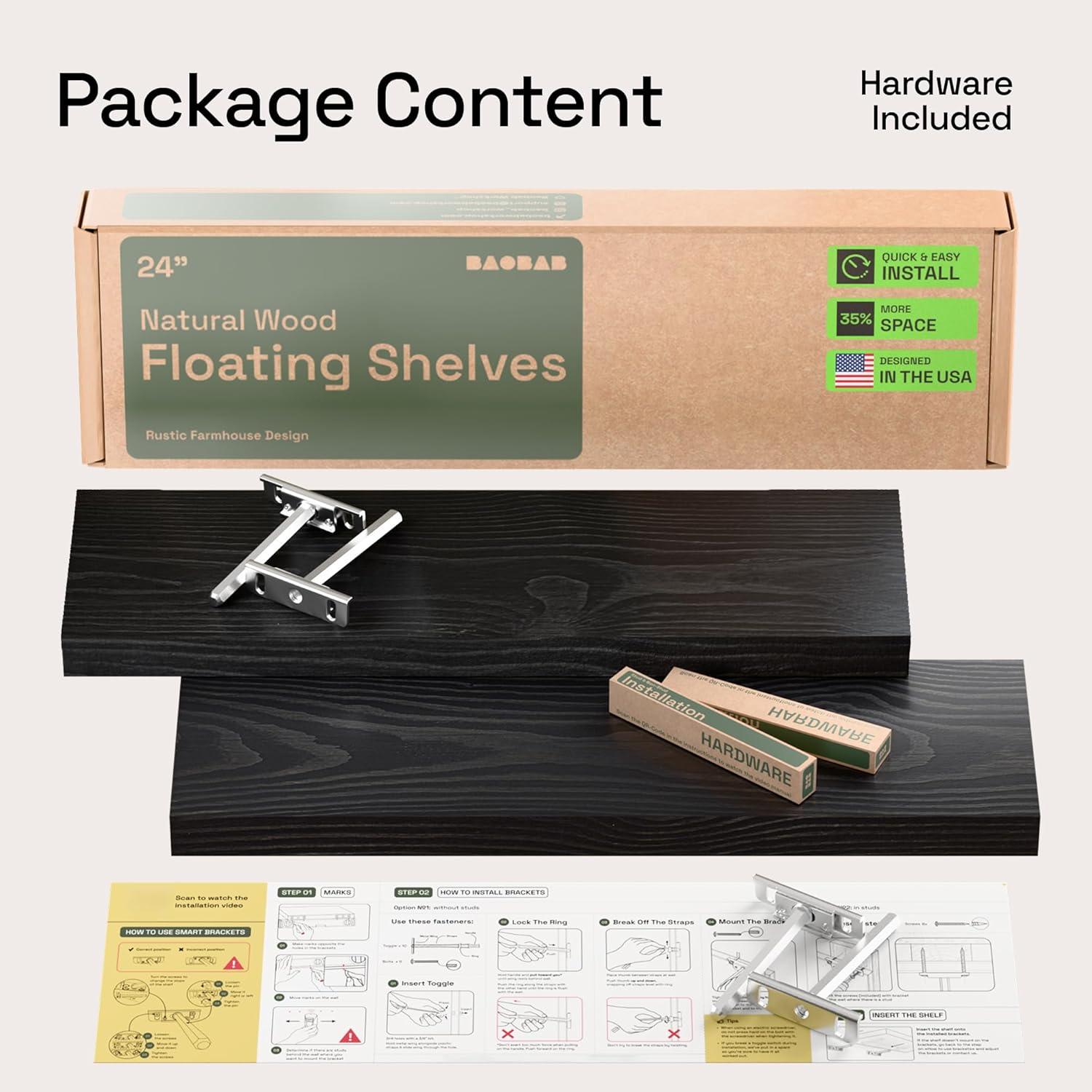 Baobab Workshop Solid Wood Floating Shelves, Wooden Shelves for Wall (Set of 2)