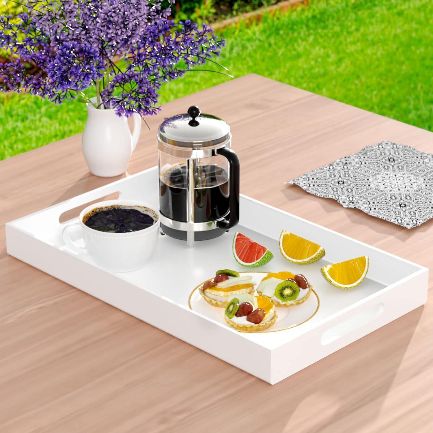 Glossy White Acrylic Spill-Proof Serving Tray with Handles