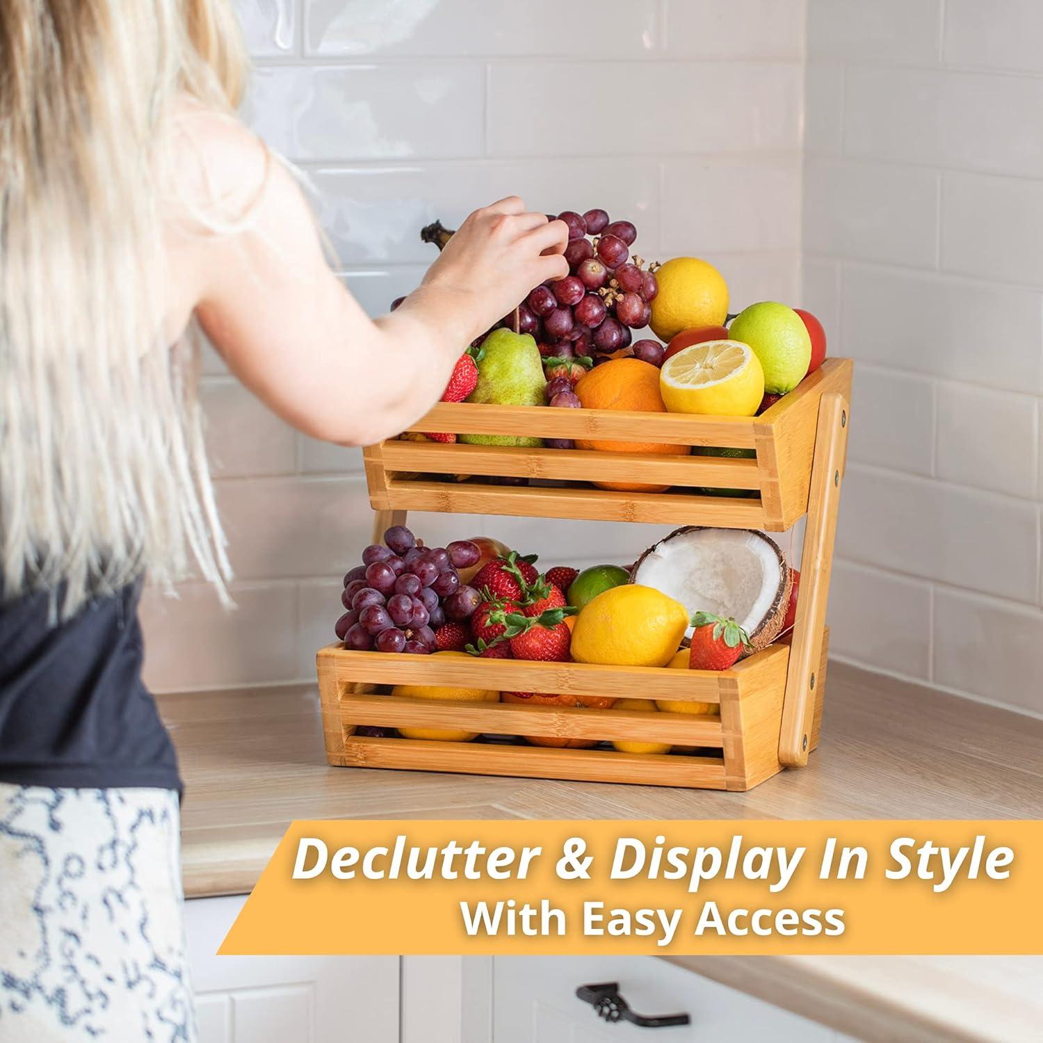 Bamboo Basket for Kitchen Counter Fruit & Vegetable Storage, Two Tier Wooden Fruit Bowl by Golden Nature