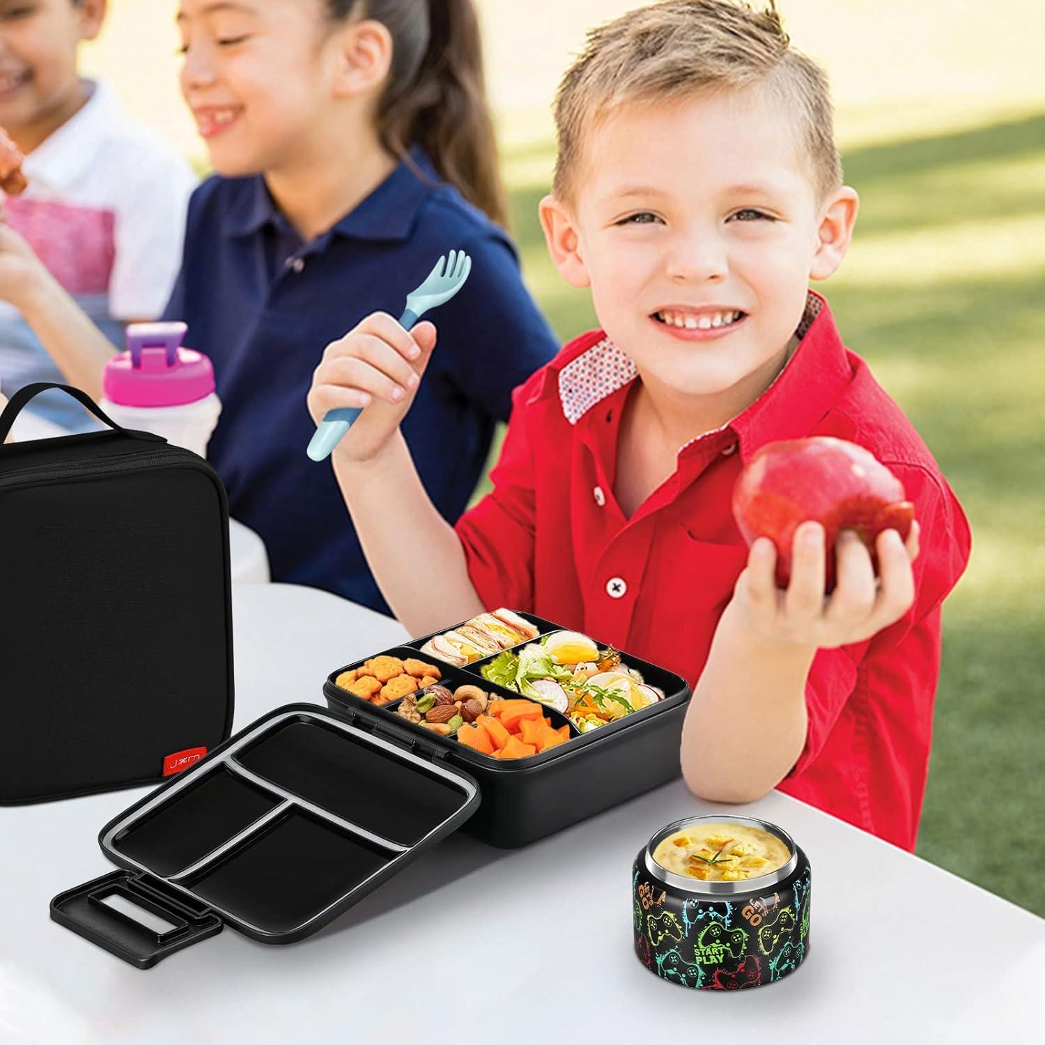 Bento Lunch Box for Kids With 8oz Soup thermo,Leak-proof Lunch Containers with 5 Compartment,thermo Food Jar and Lunch Bag, Food Containers for School (A-Black(Game Consoley))