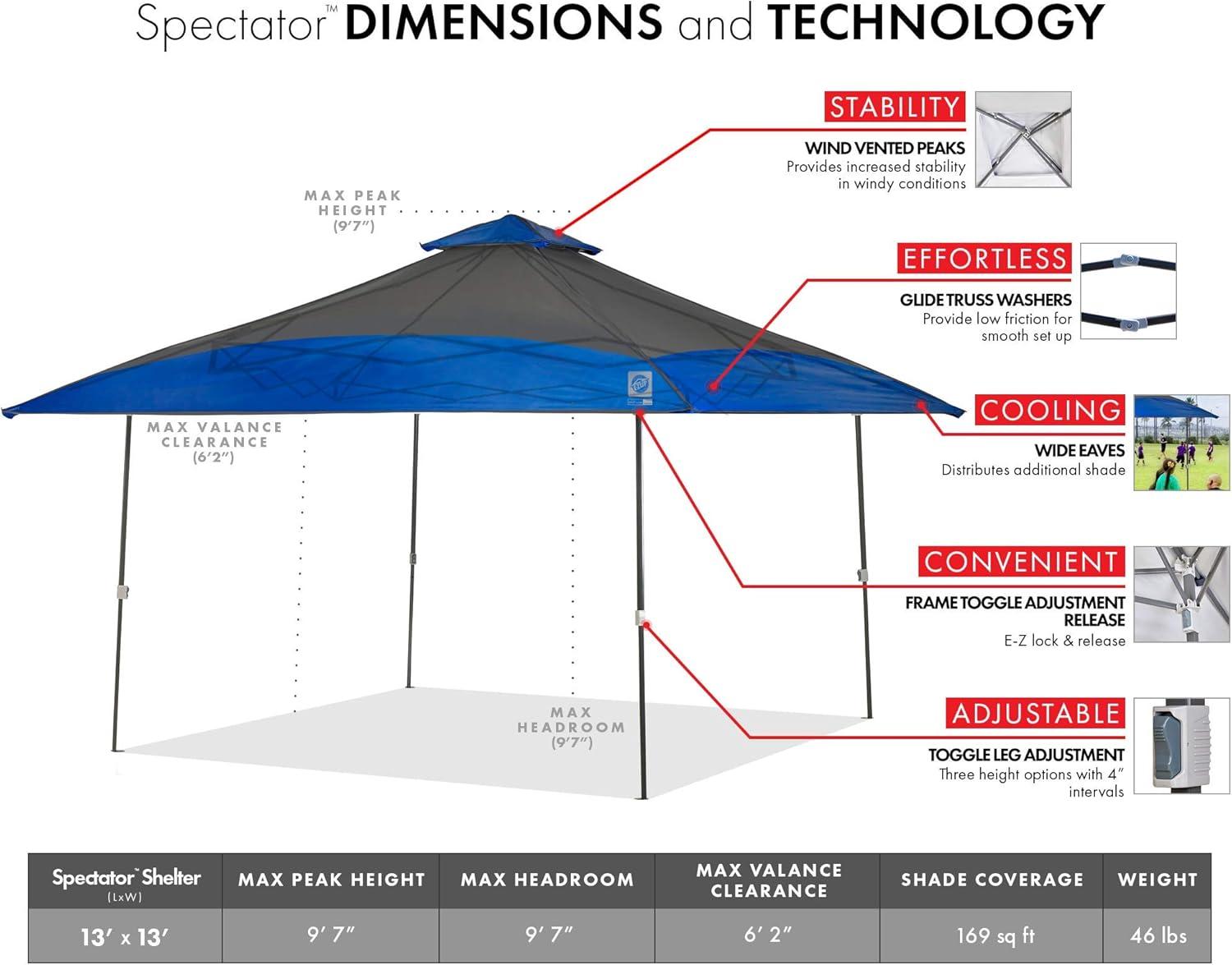 E-Z UP Spectator Instant Shelter, 13 Ft x 13 Ft, Royal Blue/Steel Gray Top w/ Steel Gray Frame