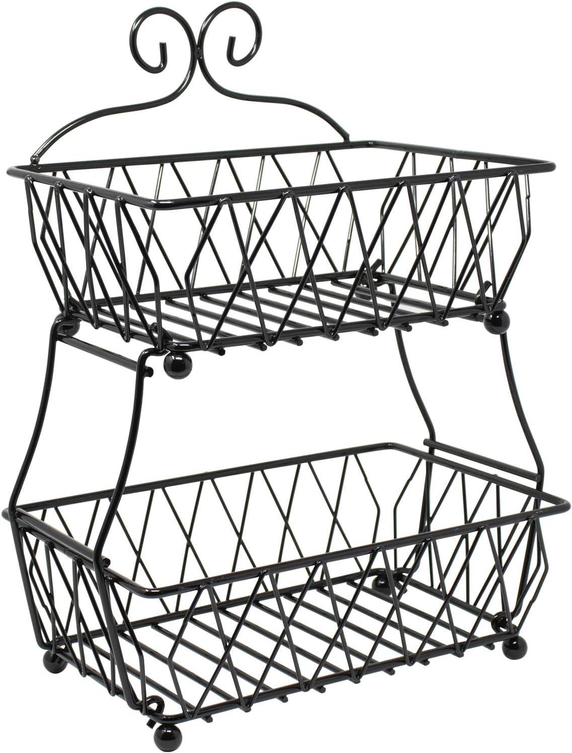 Black Metal 2-Tier Rectangular Fruit Basket Stand