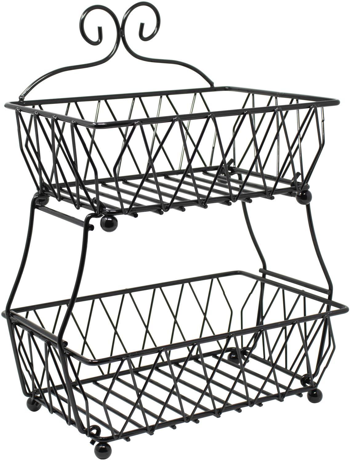 2-Tier Fruit Bread Basket Display Stand, Counter Storage for Kitchen, Bathroom, Rectangular Antique Metal