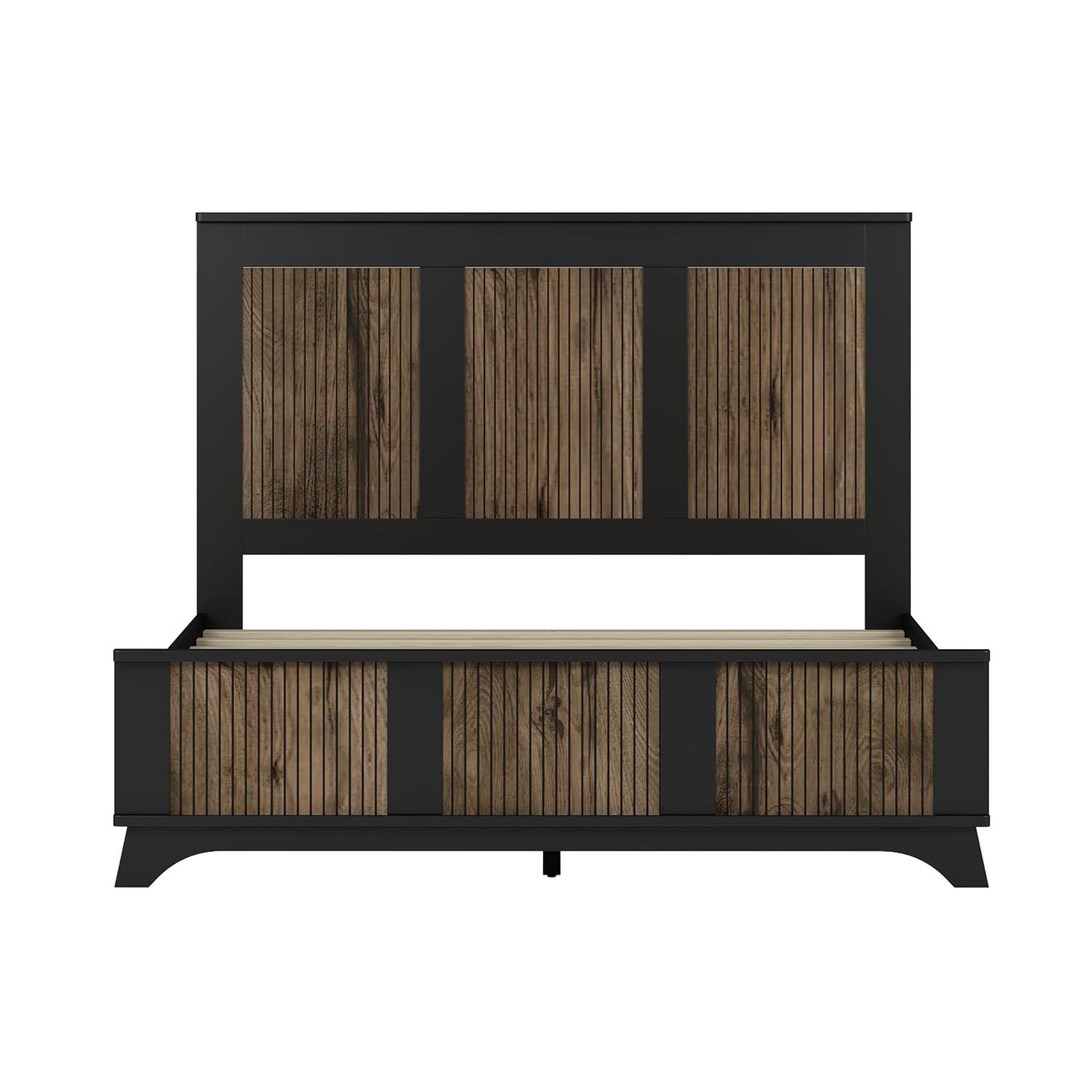 4-Piece Bedroom Sets, Queen Size Farmhouse Platform Bed with Wooden Strip Decoration, Storage Nightstand and Dresser, Black 4B - ModernLuxe