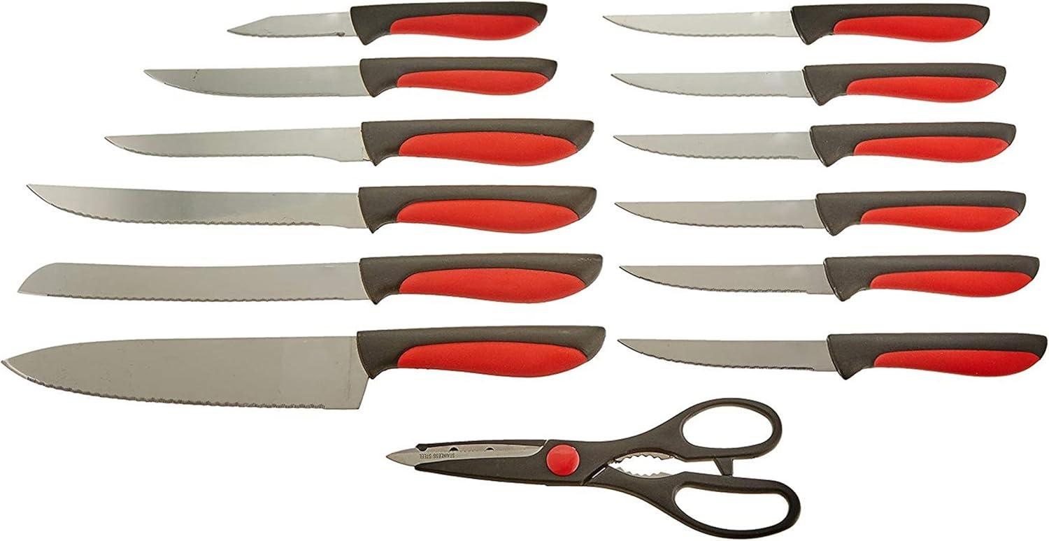 MegaChef 14-Piece Red and Black Stainless Steel Cutlery Set with Wood Block