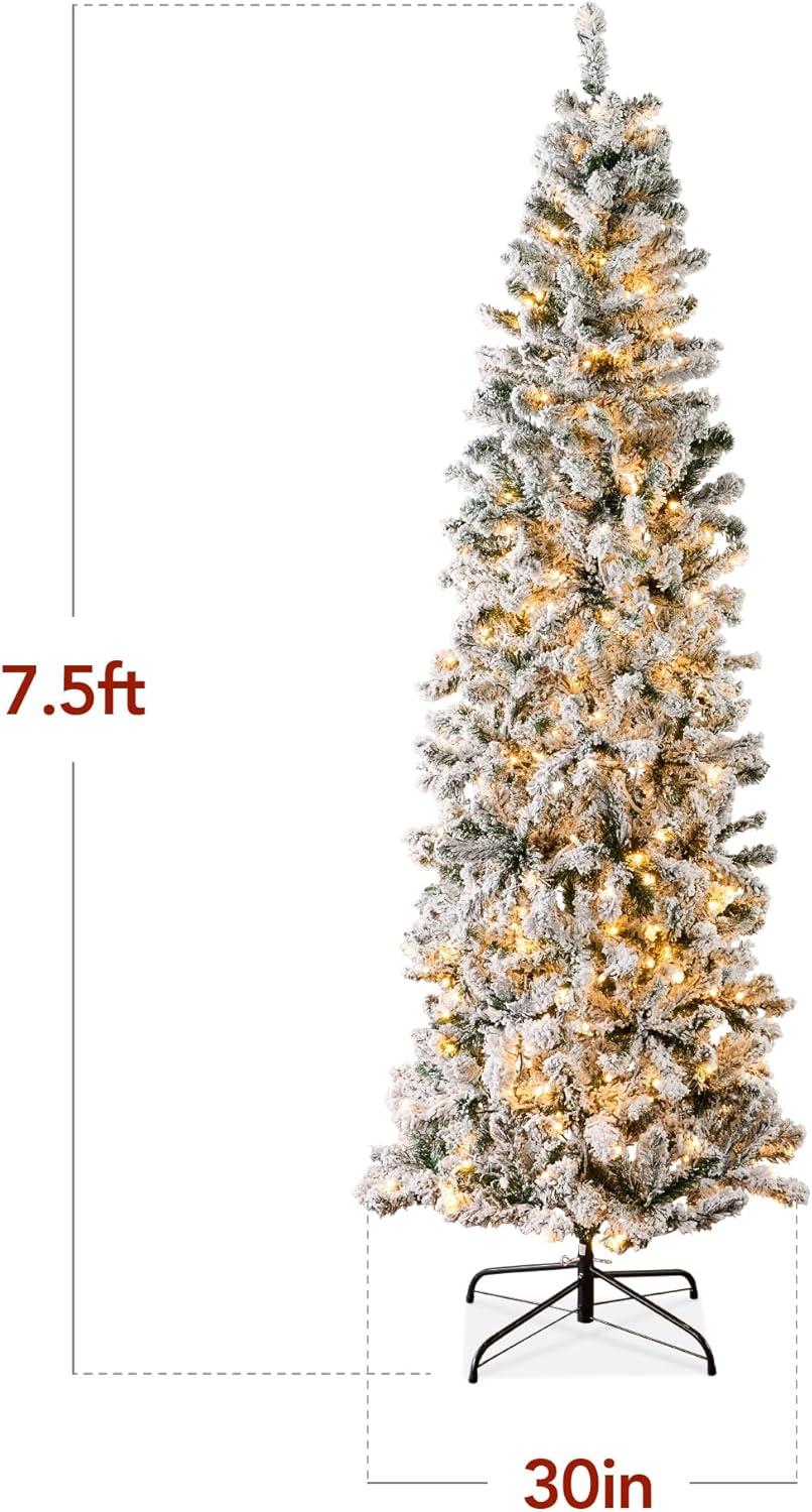 Best Choice Products 7.5ft Pre-Lit Artificial Snow Flocked Pencil Christmas Tree Holiday Decoration w/ 350 Lights