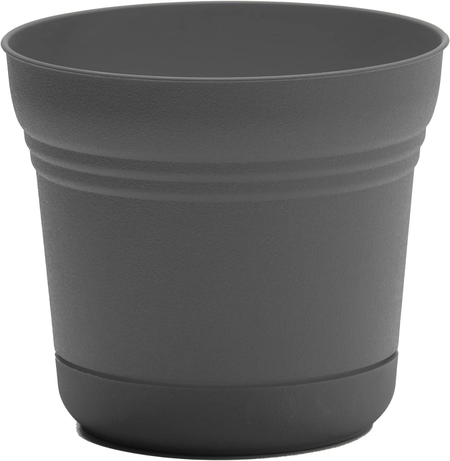 Bloem 14-in Saturn Round Resin Planter with Saucer - Charcoal Gray