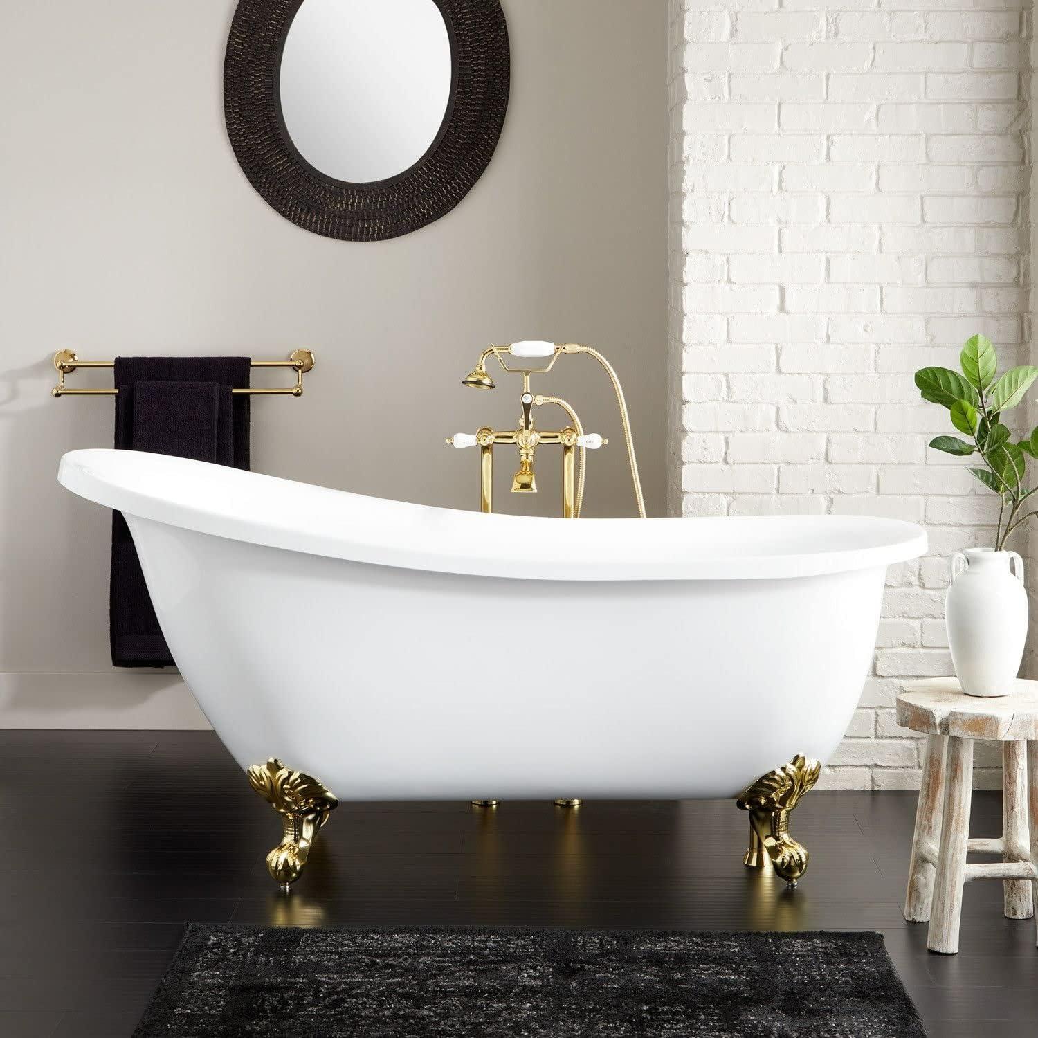 Signature Hardware 480113 Ultra 67" Acrylic Slipper Clawfoot Tub with Integrated Overflow, Rolled Rim and Imperial Feet - Less Drain Assembly - White/Polished Brass Feet