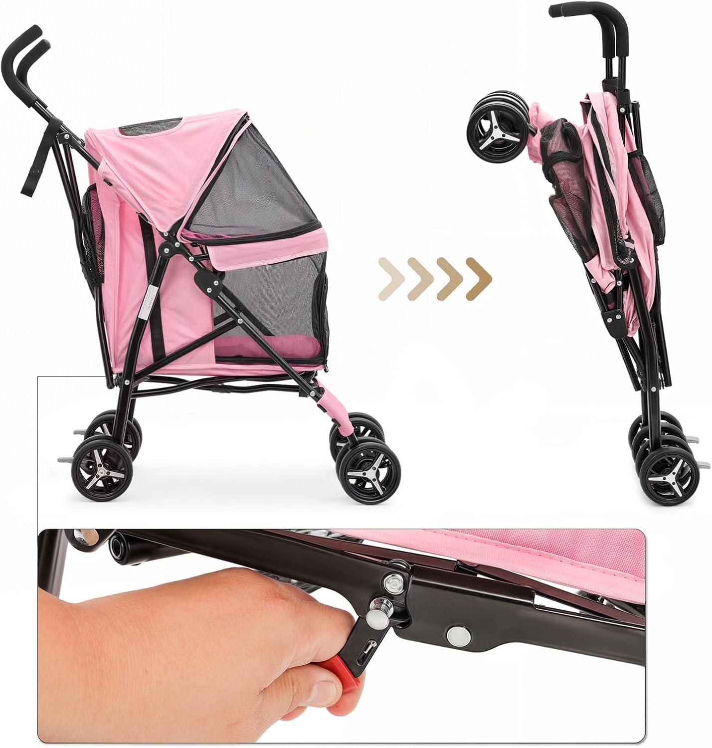 MoNiBloom Foldable Lightweight Dog Stroller for Small Medium Dogs, Pet Stroller,4 Wheel, Pink