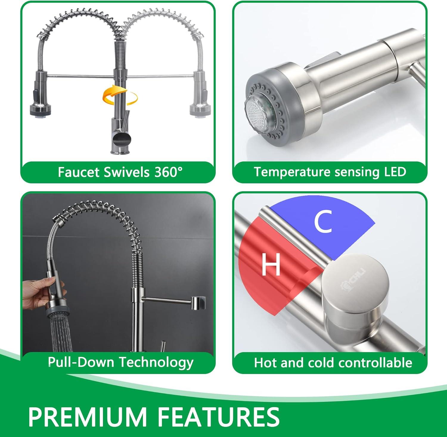 Kitchen Sink Faucet, Pull Down Spring Single Handle Stainless Steel Faucet with Sprayer with LED Light for bar Laundry and Utility Sink faucets (Matte Black)