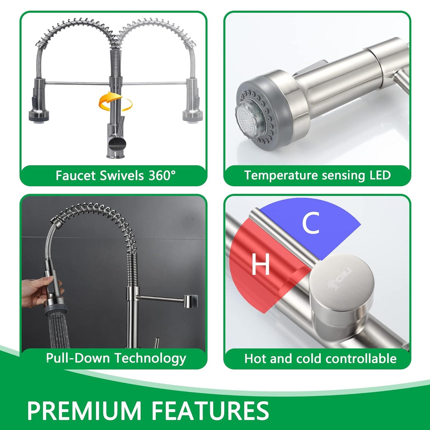 Kitchen Sink Faucet, Pull Down Spring Single Handle Stainless Steel Faucet with Sprayer with LED Light for bar Laundry and Utility Sink faucets (Matte Black)