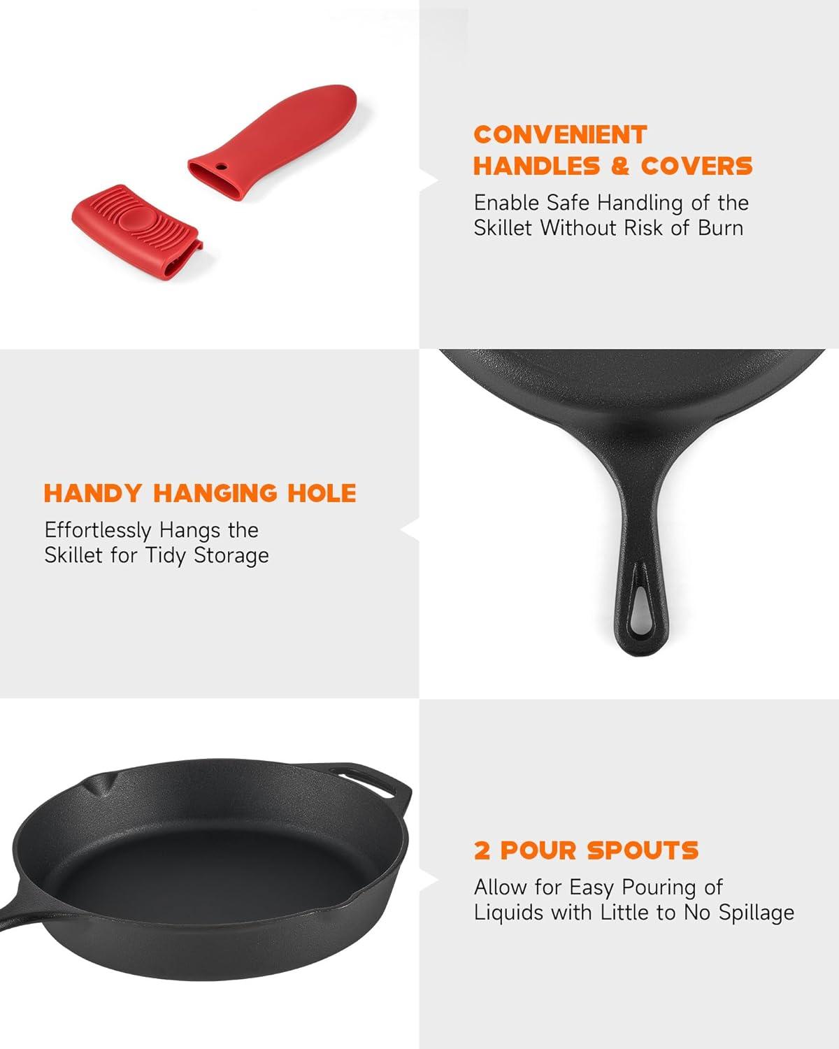 Cuisinel Cast Iron Skillet - 12"-Inch Frying Pan with Assist Handle and Pour Spots + Silicone Grip Cover