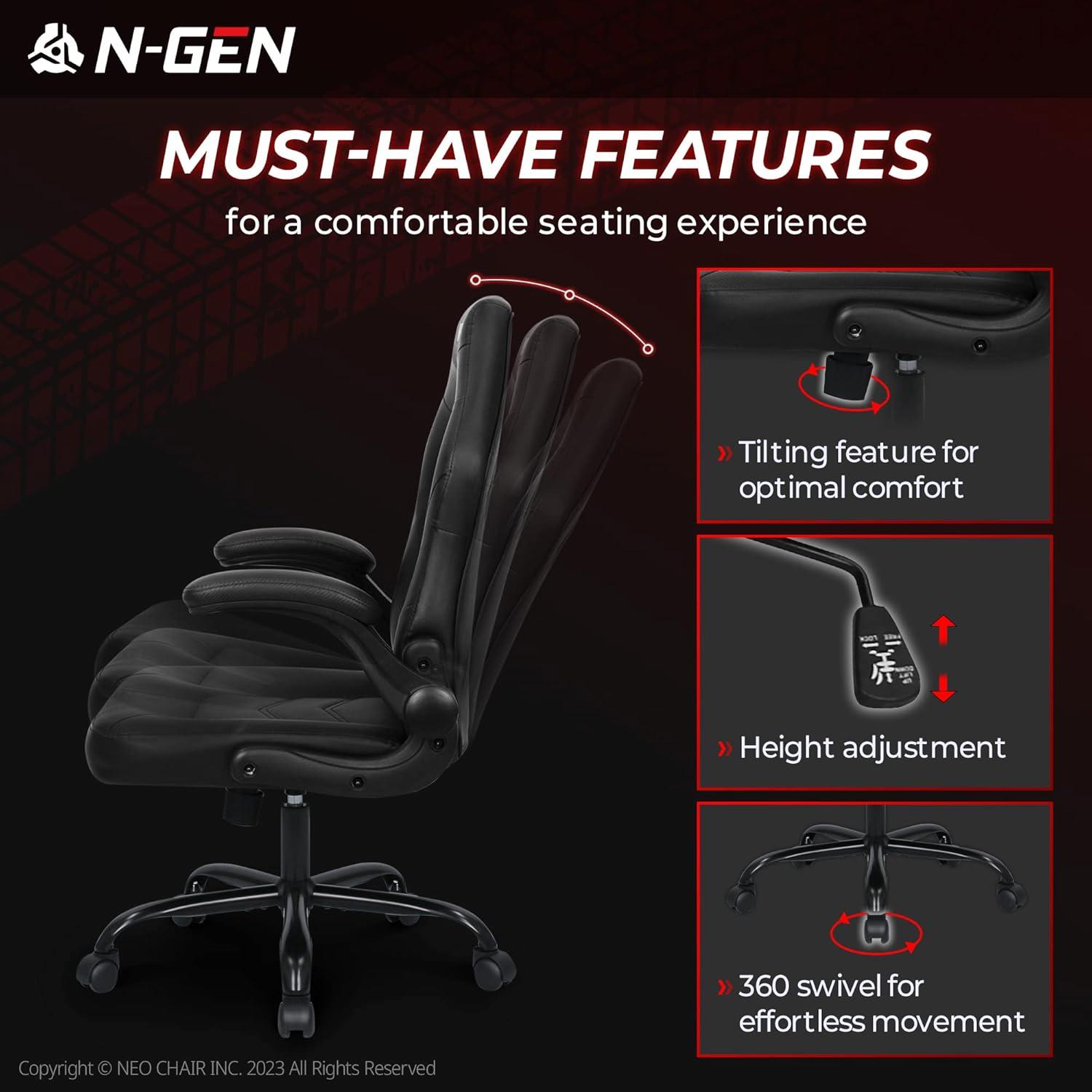 Neo Chair N-GEN Adjustable Ergonomic Faux Leather Swiveling PC & Racing Game Office Desk Chair with Flip-Up Arms