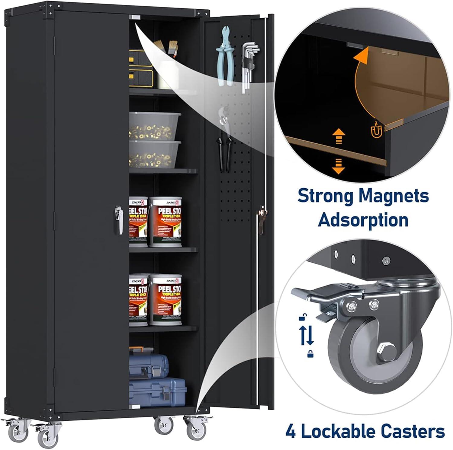 AOBABO 72 Inch Locking Metal Garage Storage Cabinet with Universal Rubber Wheels with Lockable Casters, Pegboards, and Magnetic Doors, Black