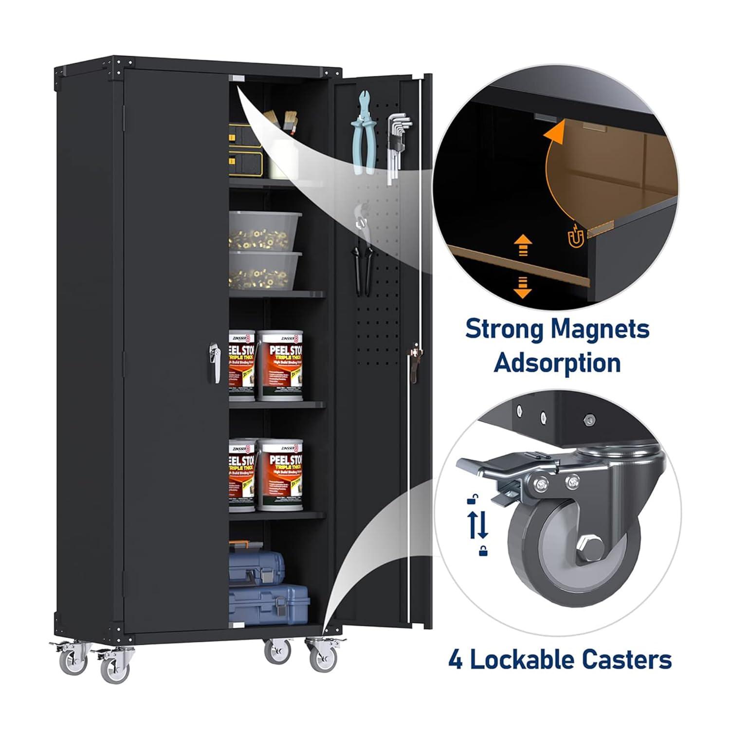 AOBABO 72 Inch Locking Metal Garage Storage Cabinet with Universal Rubber Wheels with Lockable Casters, Pegboards, and Magnetic Doors, Black