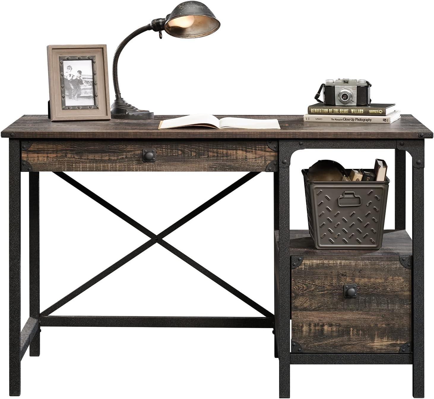 Rustic Carbon Oak Workstation with Powder-Coated Metal Frame