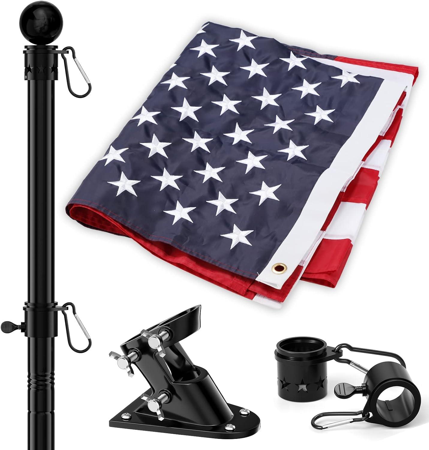 AEASKIEY 5FT Tangle Free Stainless Steel Metal Flag Pole (Black) with 3x5 Embroidered US Flag and Bracket.