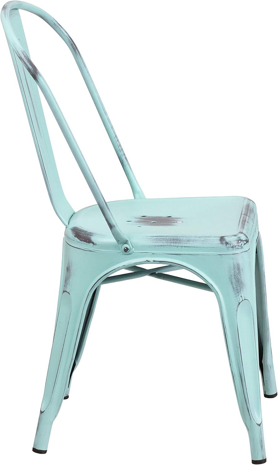 Distressed Green-Blue Metal Stackable Side Chair