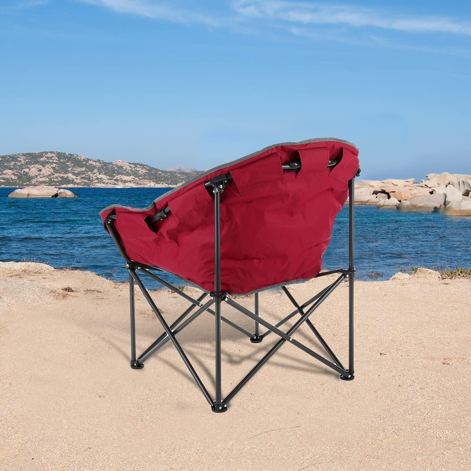ARROWHEAD OUTDOOR Oversized Heavy-Duty Club Folding Camping Chair w/ External Pocket, Cup Holder, Portable, Padded, Moon, Round, Saucer, Supports 330lbs, Carrying Bag, USA-Based Support (Burgundy Red)