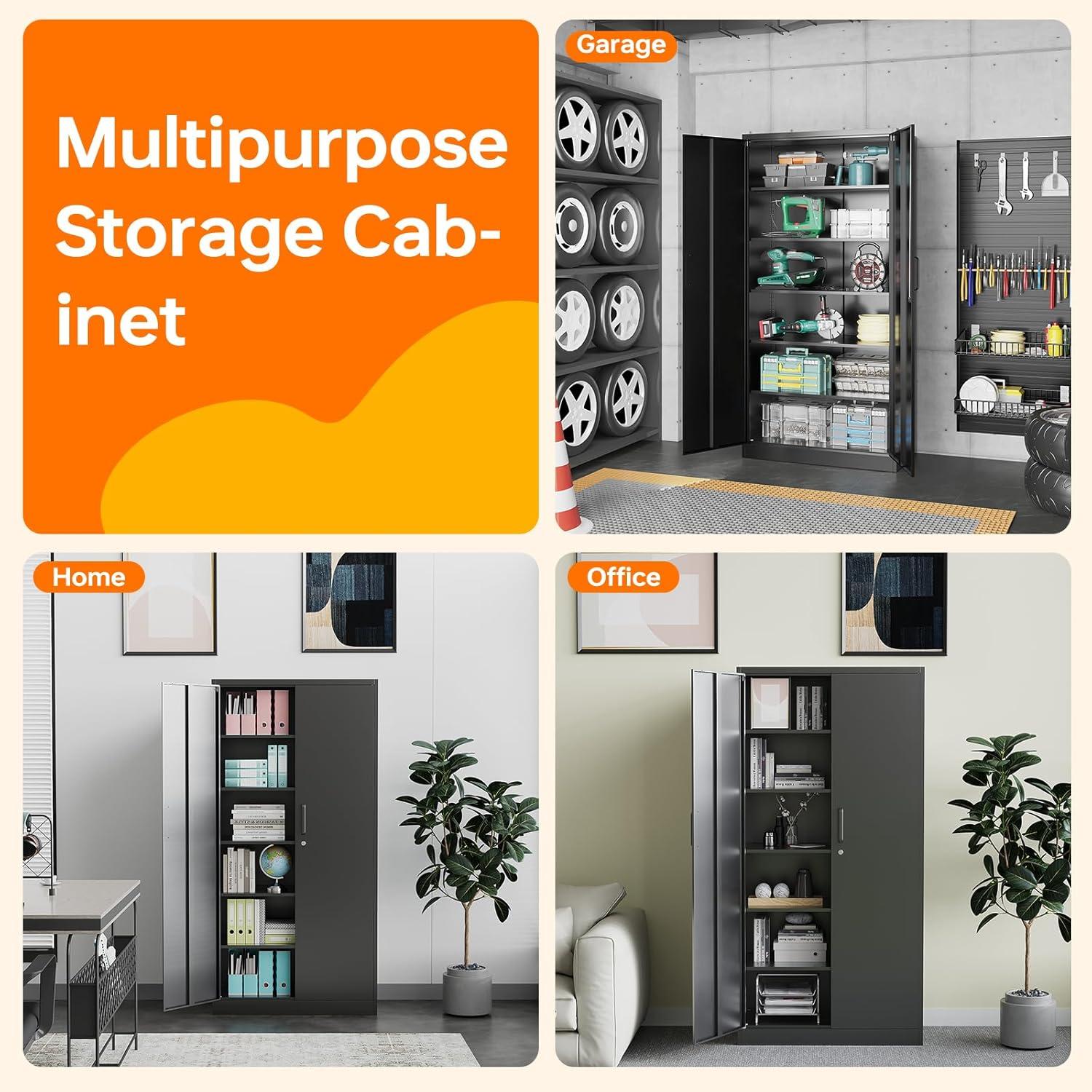 Metal Storage Cabinets with Lock, 71" Garage Storage Cabinet with 2 Door and 5 Adjustable Shelves, Steel Lockable Tool Cabinets for Home, Office, Gym, Garage