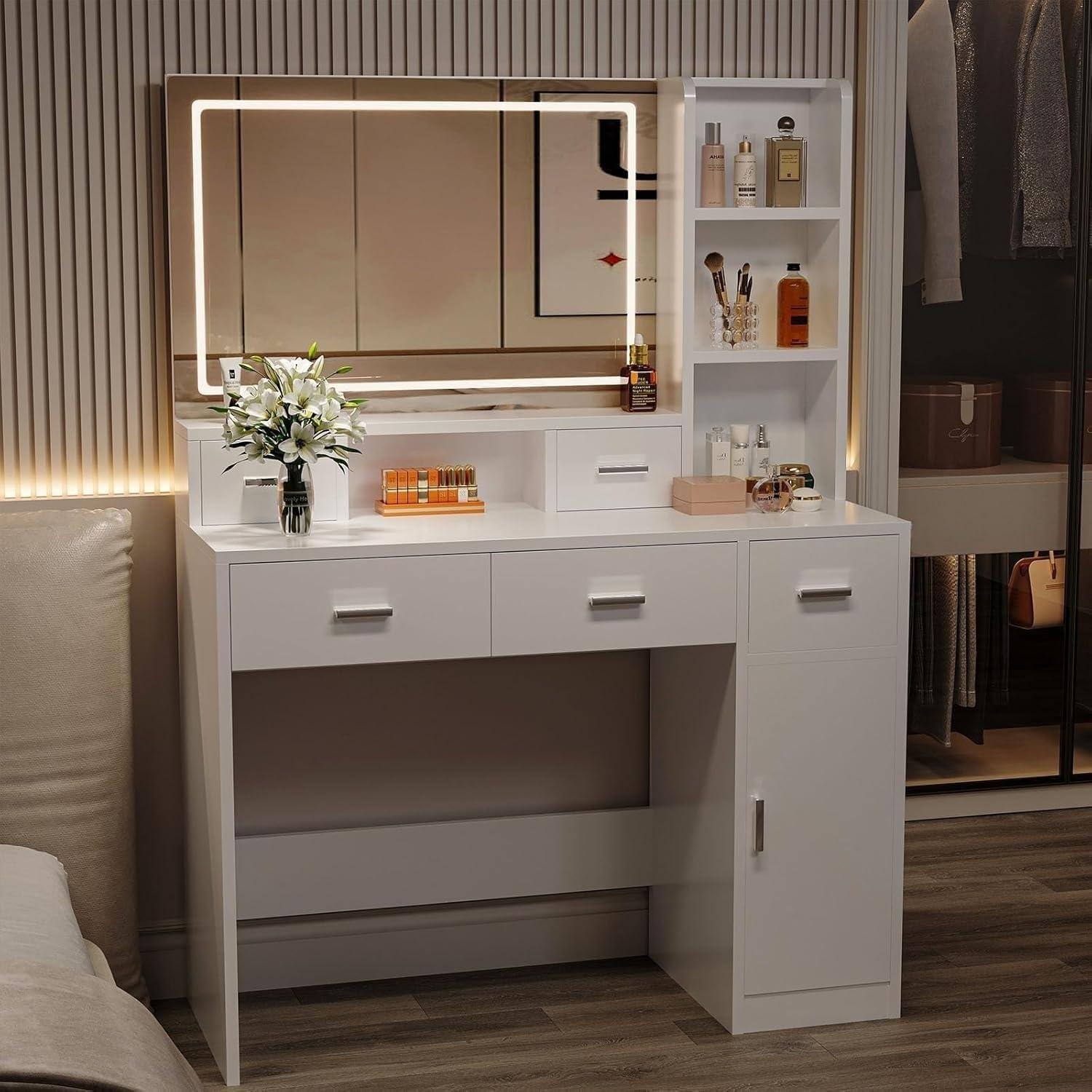 Vanity Desk with Large LED Mirror, Large Vanity Table with Charging Station, Makeup Vanity Desk with Drawers for Bedroom Dressing Room, Women Girls