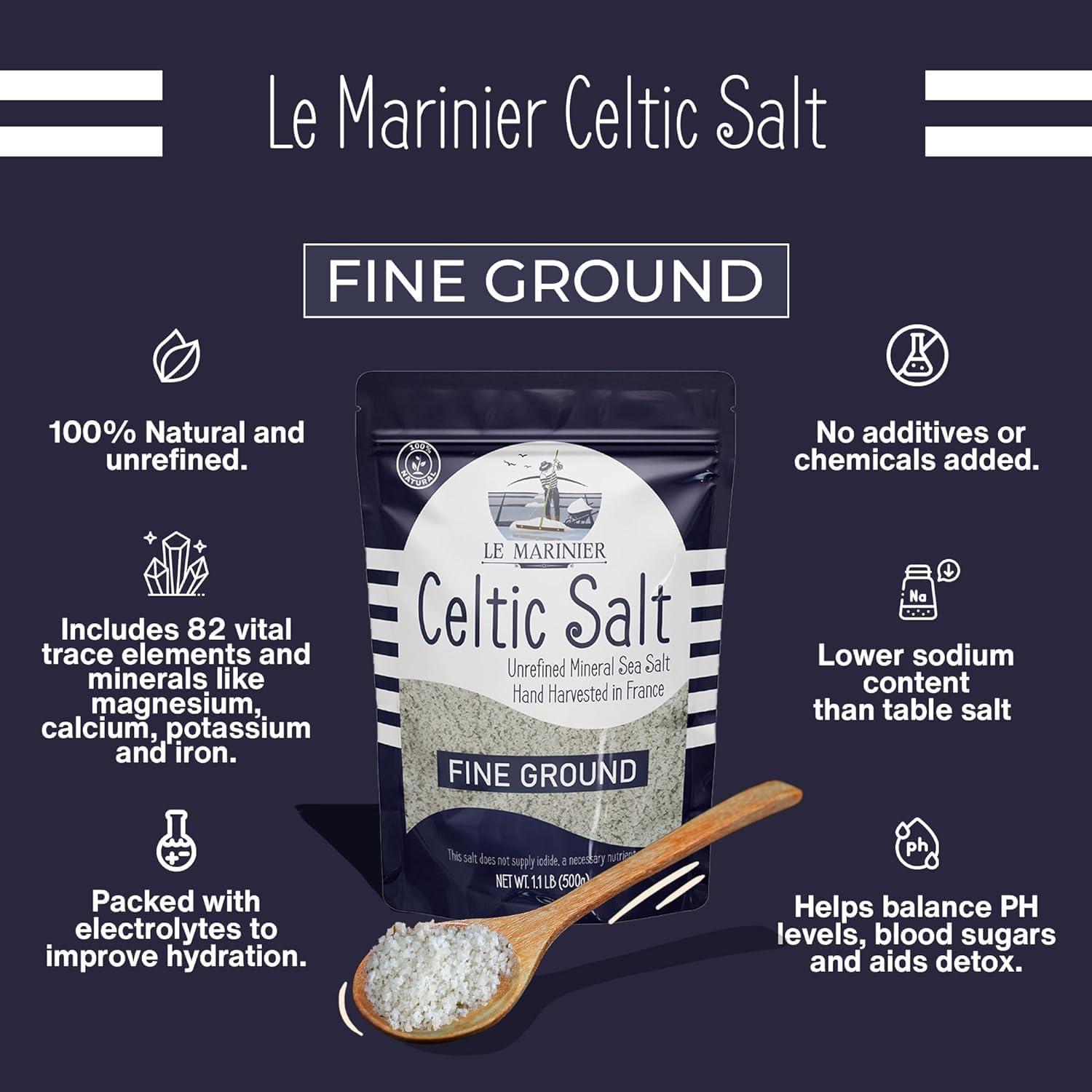 Le Marinier Celtic Salt Fine Ground, 1.1lb - 18oz. Unrefined French Sea Salt 100% Natural, Hand Harvested Mineral Celtic Salt (1.1lb Fine Ground)