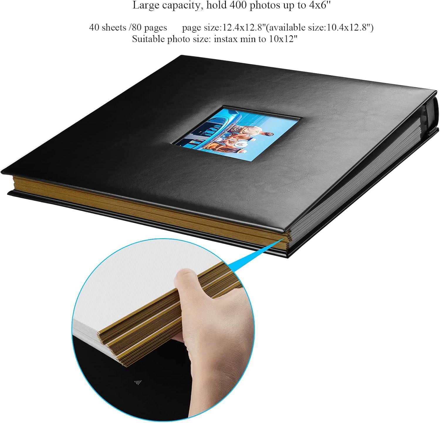 Photo Album Self Adhesive 80 Sticky Pages Leather Cover Scrapbook Photos Book for Christmas Gifts Wedding Large Picture Albums Hold 3x5 4X6 5X7 8X10 Black