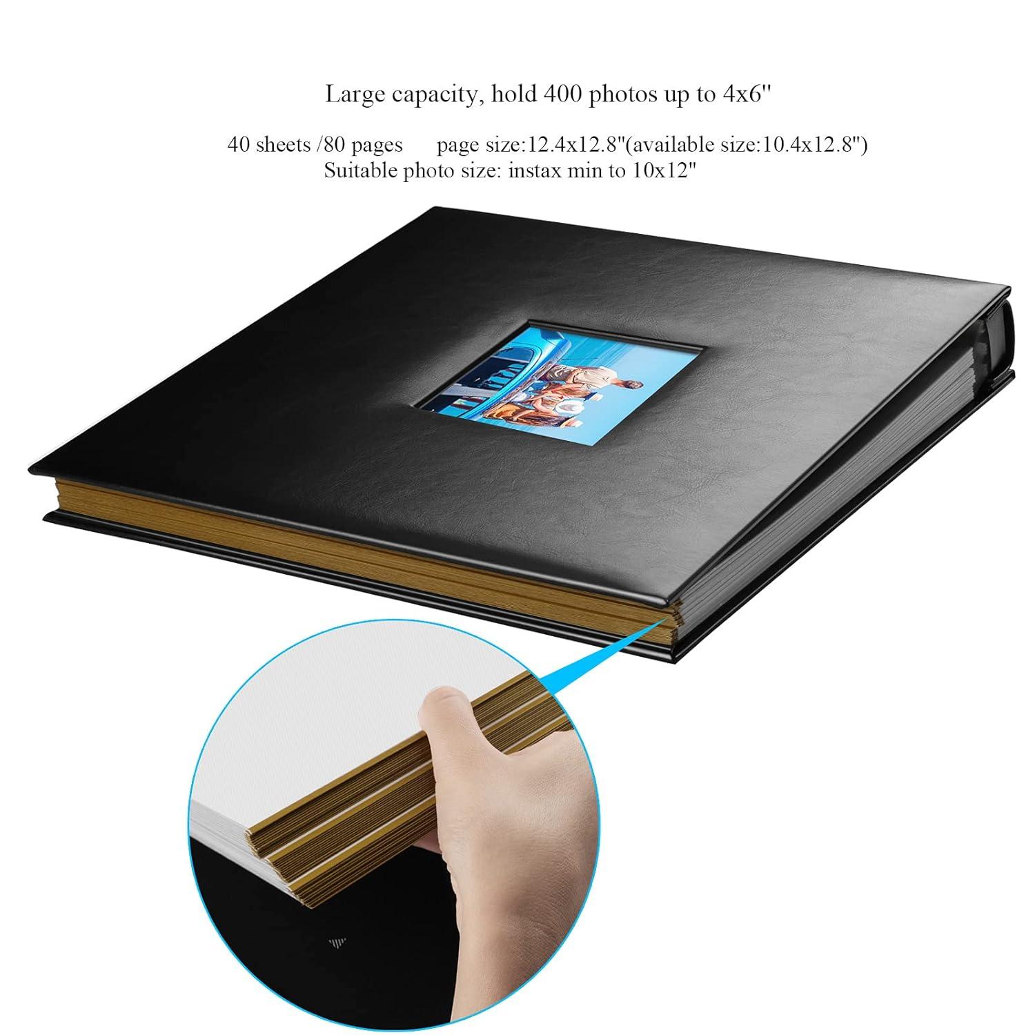 Photo Album Self Adhesive 80 Sticky Pages Leather Cover Scrapbook Photos Book for Christmas Gifts Wedding Large Picture Albums Hold 3x5 4X6 5X7 8X10 Black