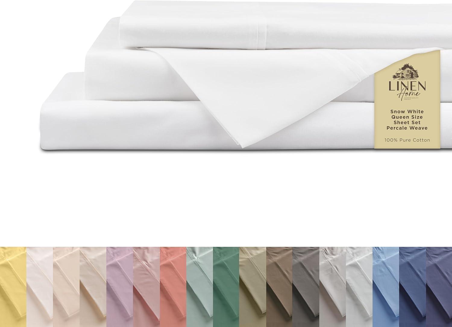 100% Cotton Percale Sheets Queen Size, White, Deep Pocket, 4 Piece - 1 Flat, 1 Deep Pocket Fitted Sheet and 2 Pillowcases, Crisp Cool and Strong Bed Linen