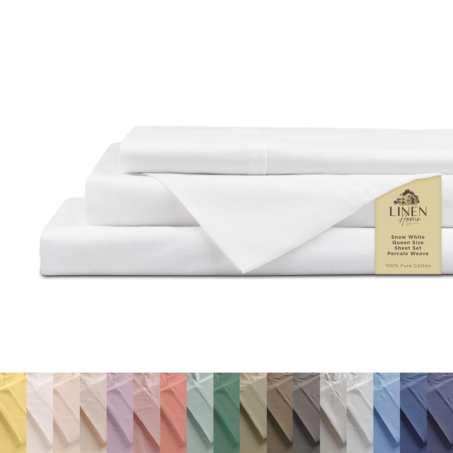 100% Cotton Percale Sheets Queen Size, White, Deep Pocket, 4 Piece - 1 Flat, 1 Deep Pocket Fitted Sheet and 2 Pillowcases, Crisp Cool and Strong Bed Linen