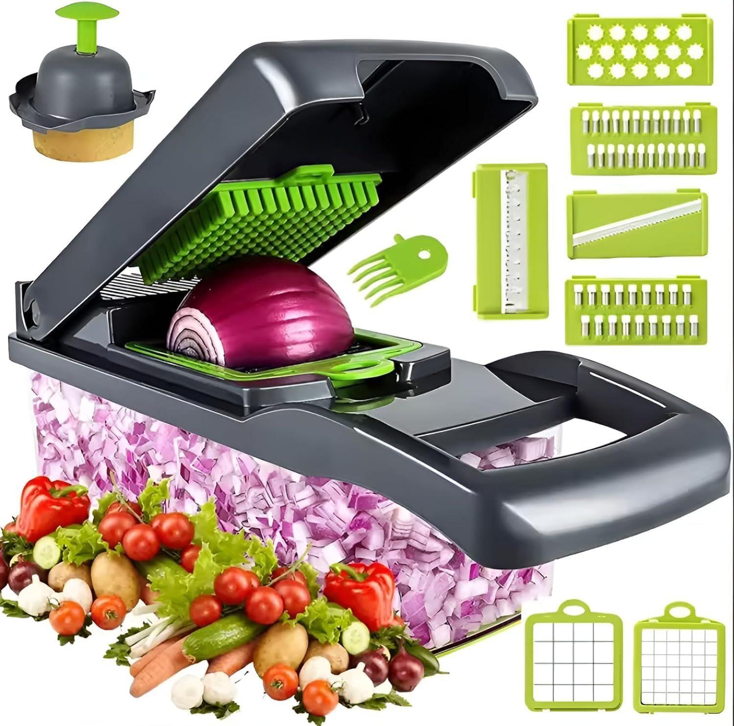 Vegetable Chopper,Pro Onion Chopper,14 in1 Multifunctional Food Chopper,Kitchen Veggie Chopper with 8 Blades,Vegetable Chopper With Container ,Vegetable Slicer Dicer Cutter,Salad,Garlic Chopper
