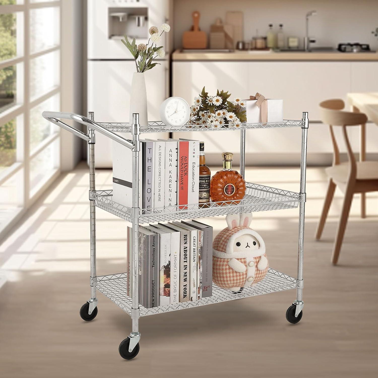 Ataucjin Commercial Grade Utility Cart, 3 Tires Wire Rolling Cart, Steel Service Cart with Wheels, Food Storage Trolley for Restaurant,Kitchen, Low Handle