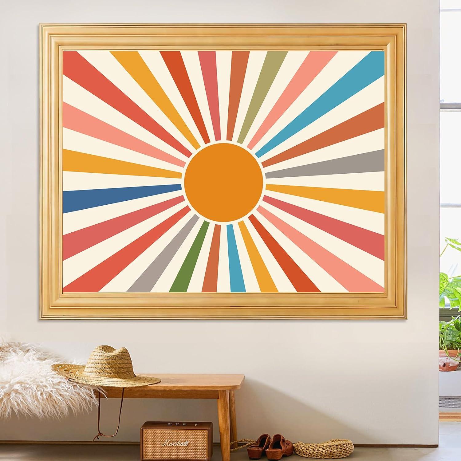 Vintage Sun Tapestry Bohemia Wall Hanging Retro 70s Rainbow Sunrise Sunset Geometric Grunge Abstract Art Print Hippie Decor for Dorm Nursery Bedroom