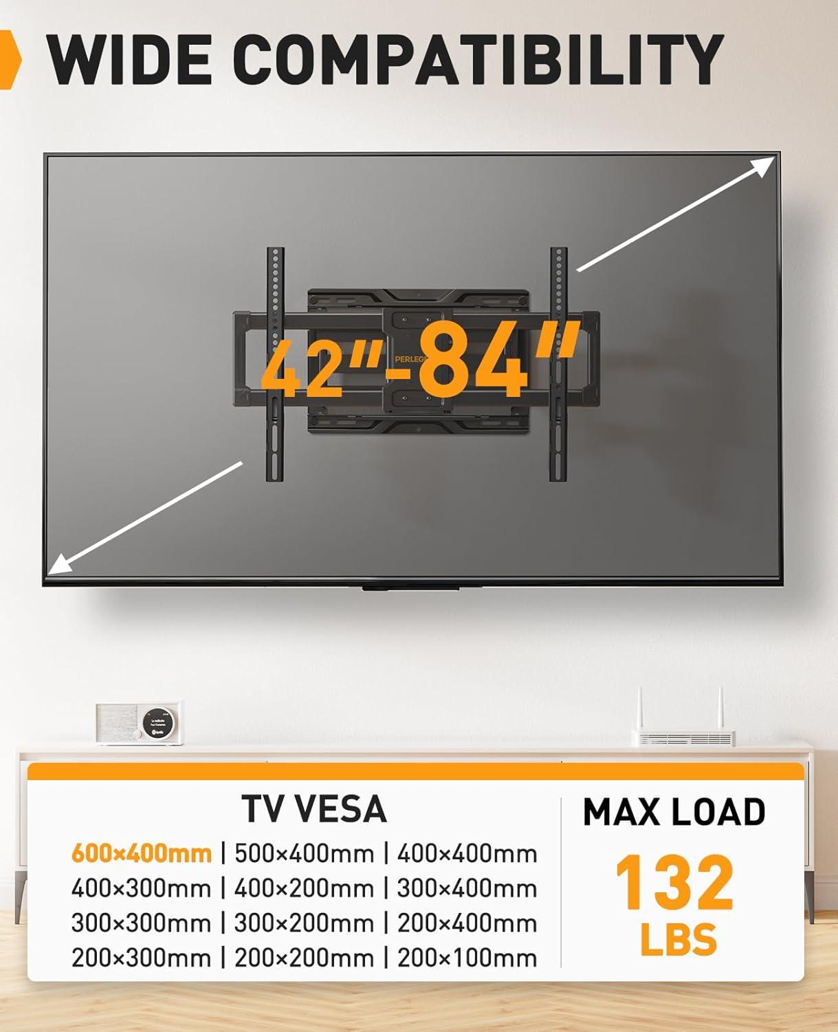 BEACHWATER POOL & SPA, LLC Full Motion TV Wall Mount For Most 42–84 Inch Flat Curved Tvs Up To 132 Lbs, 12?/16? Wood Studs, Bracket With Articulating Arms, Swivel, Tool-Free Tilt, Max VESA 600X400mm