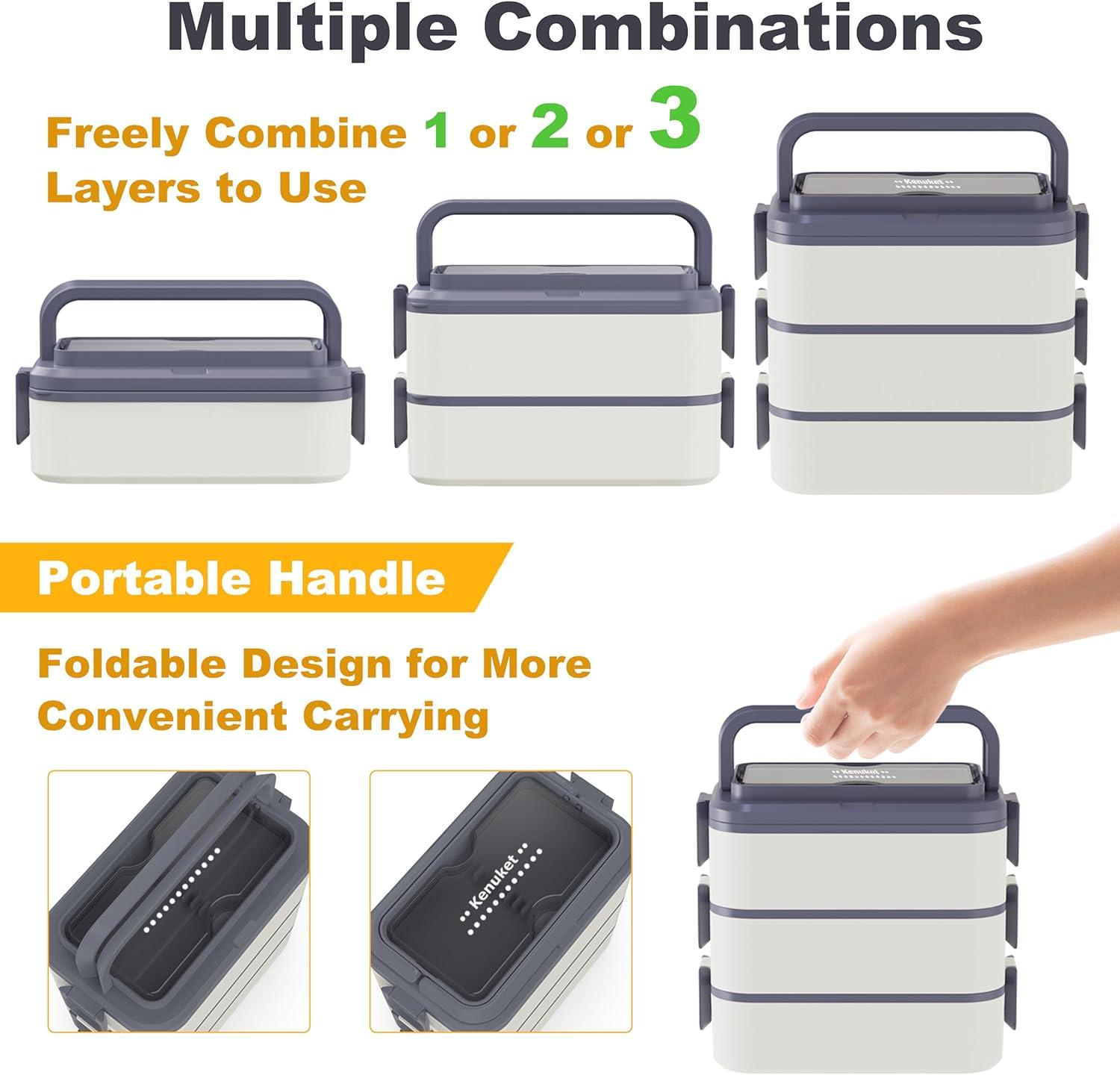 Stackable Bento Box Adult Lunch Box, 3000ML Large Capacity On-the-Go 3 Layers, Leakproof Microwave Safe Lunch Containers with Utensil Set, Dividers, Sauce Boxes for Kids and Adults
