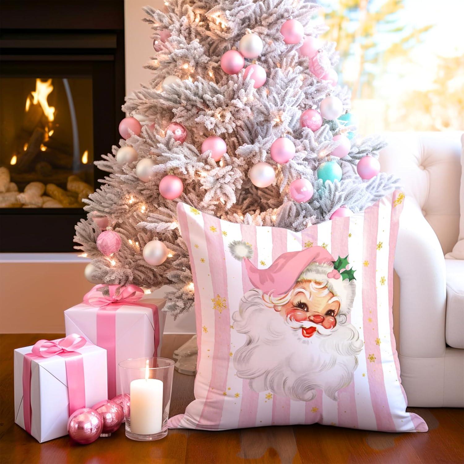 Vintage Santa Claus Christmas Pillow Cover 18x18 Inch, Pink Striped Retro Holiday Cushion for Winter Home Decor, Festive Throw Pillow for Living Room, Bedroom, Sofa Decoration(Pink)